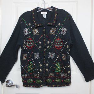 Vintage Yarnworks Women's Christmas Front Button Sweater Size M Black Beaded